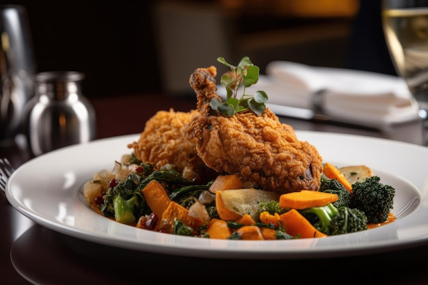 Upscale restaurant featuring crispy fried chicken and vegetable medley created with generative ai