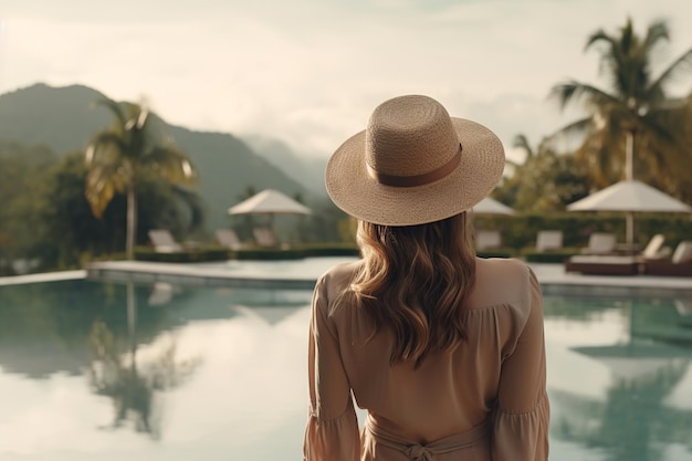 Foto upscale serenity stylish woman lounging by infinity pool l'essenza di un rifugio di lusso