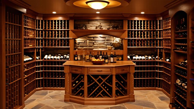 upscale wine cellar withcombination of deep burgundy and dark wood elements