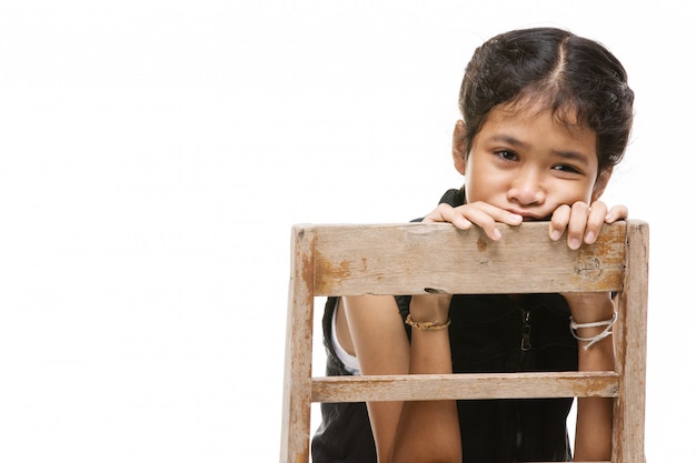 Upset Asian girls are upset, angry, on white background.