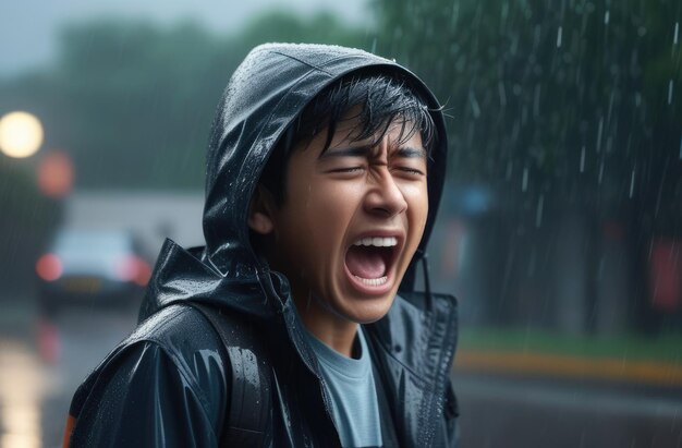 upset Asian man screaming crying at street under rain shock and emotional breakdown depression