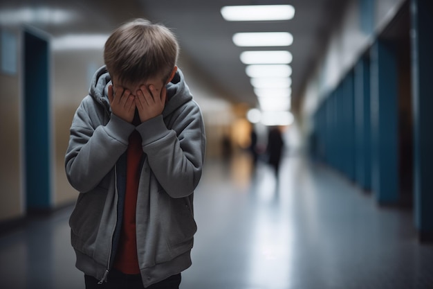 Расстроенный мальчик прикрыл лицо руками, стоя один в школьном коридоре, издеваясь в школе.