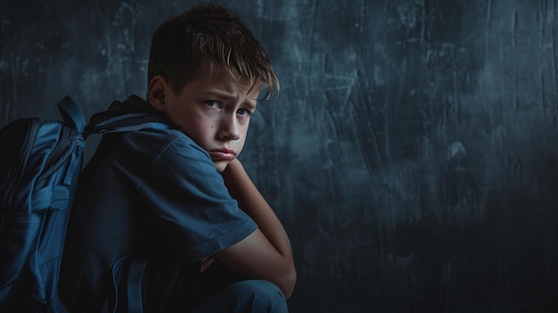 Upset boy with backpack sitting in dark room Space for text