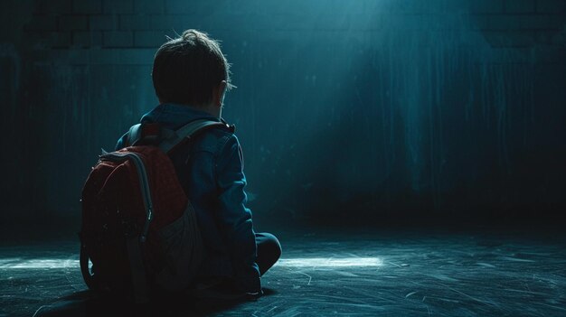 Upset boy with backpack sitting in dark room Space for text