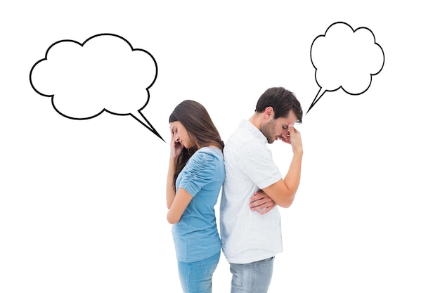 upset couple not talking to each other after fight against speech bubble