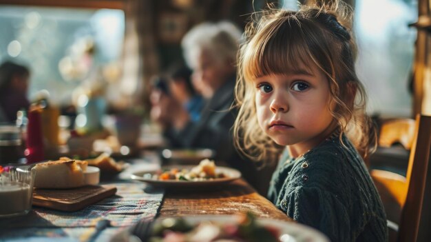 An upset daughter sat at the lunch table watching her parents and grandparents