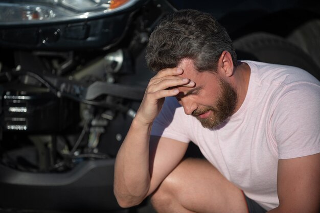 Upset driver after traffic accident. man with auto broken on road. car insurance. automobile crash. vehicle collision. valet driver shocked. road trip problems and assistance. car crash accident.