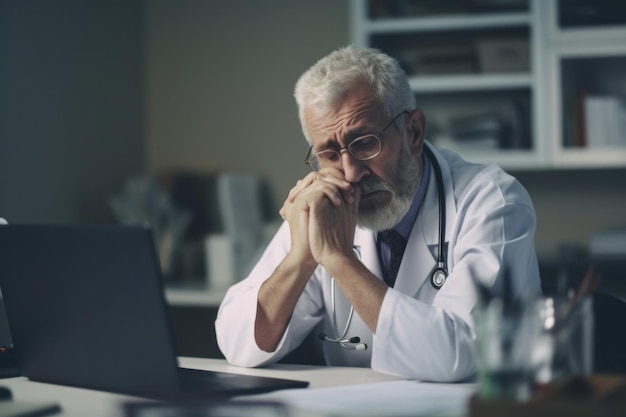 Upset elderly doctor gp makes difficult decision at work desk with laptop in hospital Generative AI