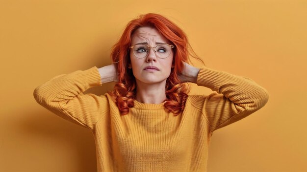 Foto la donna rossa sconvolta inclina la testa da parte soffre di dolori al collo guarda con insoddisfazione da parte indossare