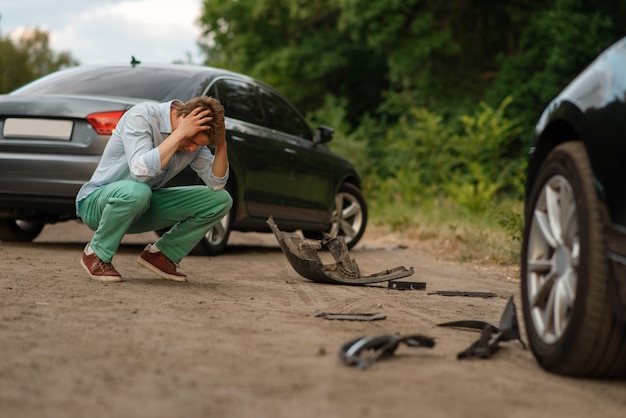 Photo upset male drivers after car accident on road