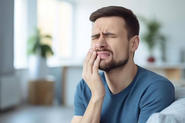 Upset man has unbearable toothache while at home generative ai