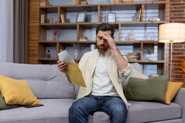 Upset man at home sitting on sofa reading letter with bad news notification in envelope opening