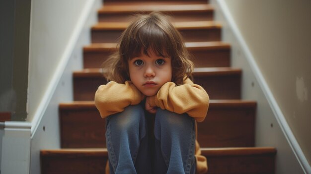 Upset problem child sitting on staircase