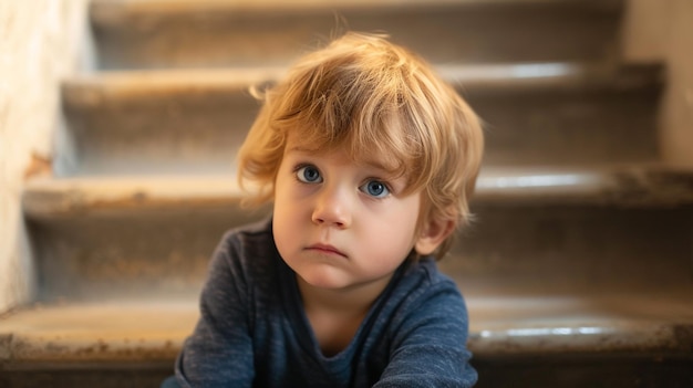 Upset problem child sitting on staircase