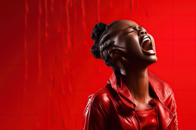 upset screaming crying black baby girl on a red isolated background The concept of pain