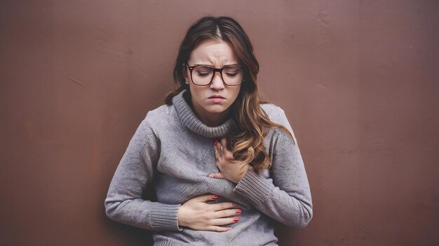 Upset sullen european female touches belly from pain feels unwell discomfort after eating spoiled