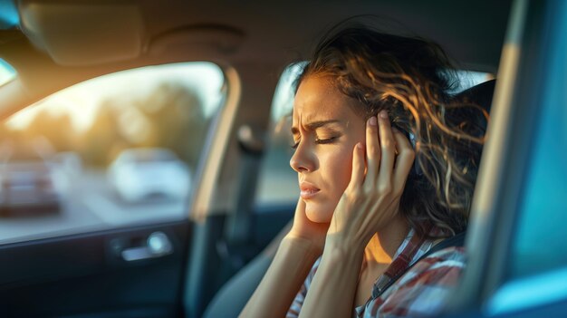 Photo upset or tired female driver rubbing nose and forehead sitting inside car driving middle aged woman