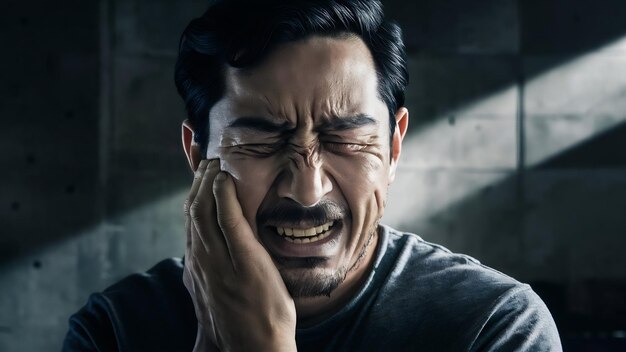 Upset unhappy guy holding cheek with pain face