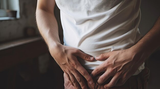 사진 회색 배경에 격리된 복통으로 고통받는 양손으로 복부를 잡고 화가 난 불행한 청년