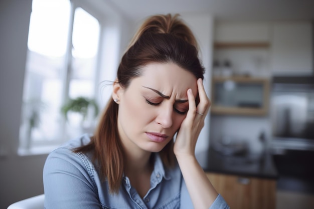 Upset woman has unbearable headache while at home generative ai