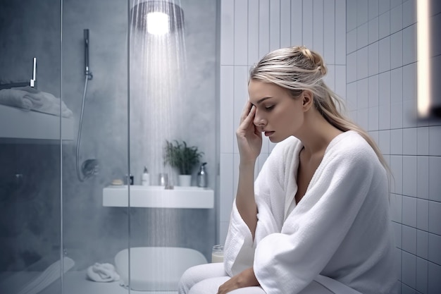 Upset woman in white robe sitting in bathroom