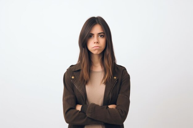 Upset young teen lady looking at camera feeling sad crossed arms Portrait of displeased girl distressed with bad negative news thinking about problems on white background Generative AI