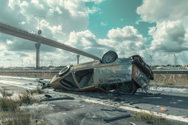 Upside down crashed car on motorway