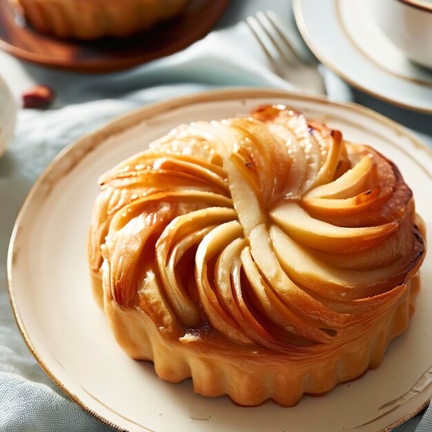 Upside down puff pastry apple tart on a breakfast plate