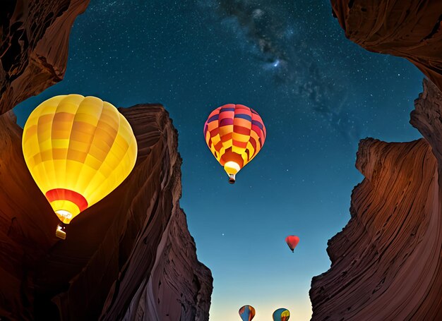 Foto prospettiva verso l'alto di palloncini d'aria luminosi e colorati che si alzano da un canyon di notte