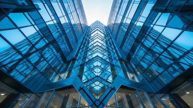 An upward view of a blue modern business office building with intricate patterns