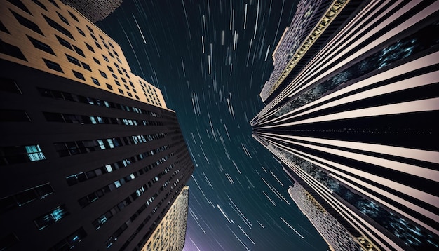 Upward view from bellow to high rise skyscrapers building beautiful night sky with stars trails