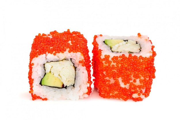 Uramaki maki sushi, two rolls isolated on white