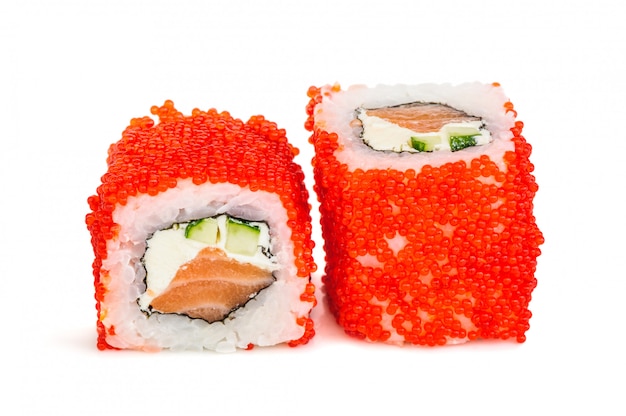 Uramaki maki sushi, two rolls isolated on white