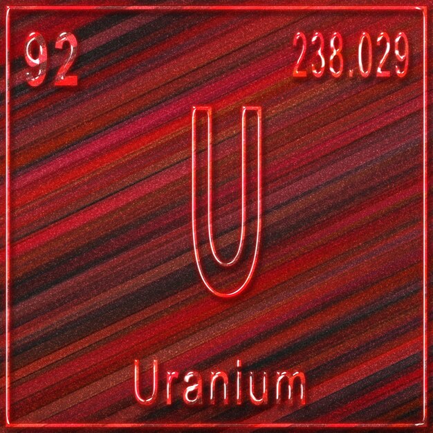 Uranium scheikundig element, bord met atoomnummer en atoomgewicht, periodiek systeemelement