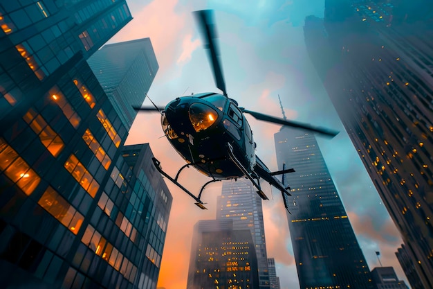 Urban Airscape Black Helicopter Soars Among Skyscrapers in the City