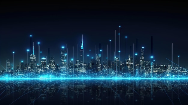 空間とネオンの光効果を持つ都市建築都市景観現代ハイテク科学未来技術コンセプト