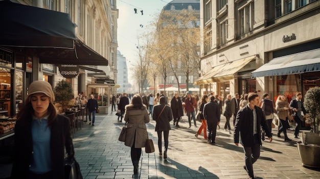 Urban areas with busy people during the middle of the day