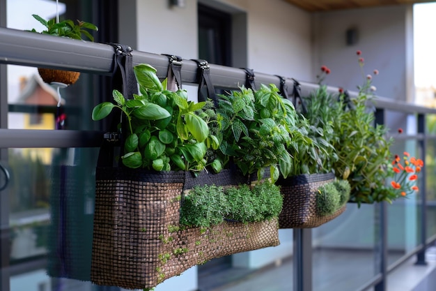 Urban Balcony Garden with Hanging Fresh Herbs