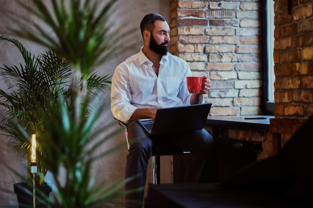 Urban bearded male drinks coffee and using a laptop in a room with loft interior.