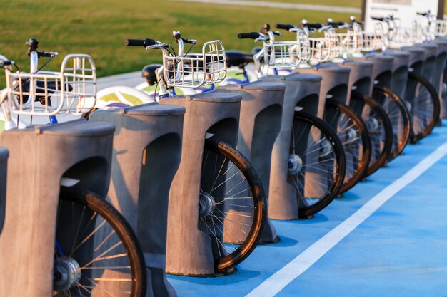 Urban bike rental station in the city