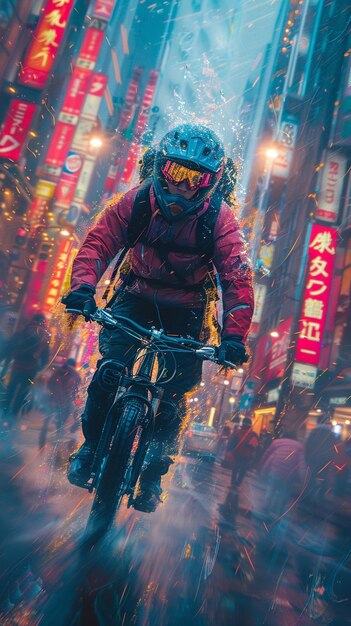 Foto biker urbano in crociera attraverso una strada illuminata al neon illustrata in un vibrante