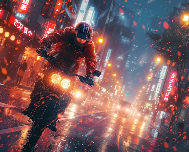 Photo urban biker cruising through a neonlit street illustrated in a vibrant