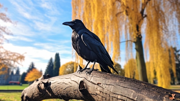 Городская птица черная ворона широко летает