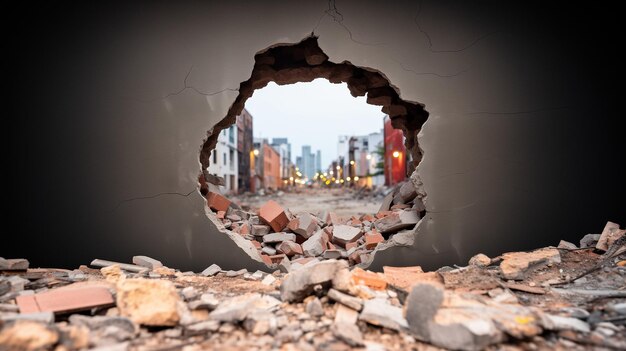 Urban Breakthrough Ronde gat in de bakstenen muur onthult de moderne stad voorbij generatieve AI