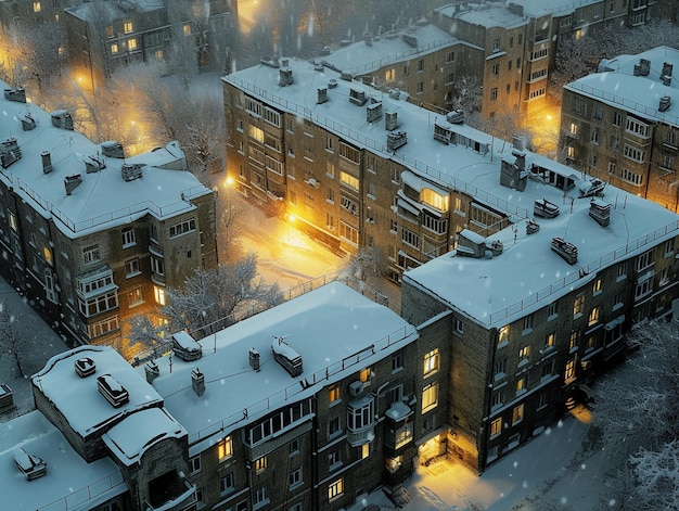 Urban Buildings Glowing on a Wintry Night