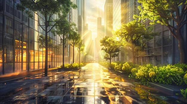 Urban Business District under Summer Sky Modern Cityscape with Green Spaces Architectural Beauty and Nature Integration