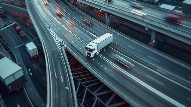 Photo urban cargo truck driving amid skyscrapers