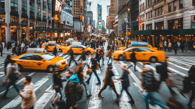 Urban center with crowd of people and cars on the street in motion