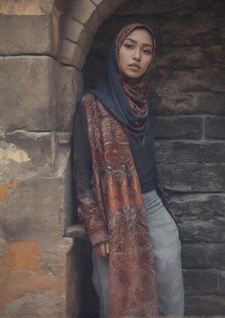 Urban Charm Style Photo of a Beautiful Indonesian Poses at a Stone Bridge Generated by AI