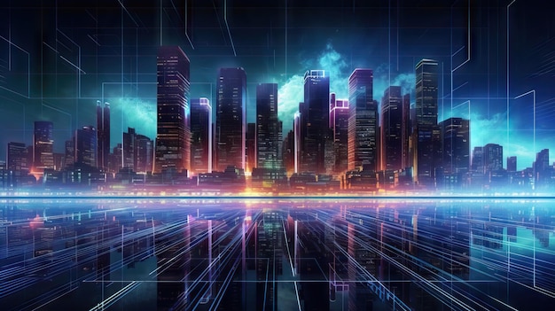 Urban city architecture cityscape with space and neon business and corporation concept